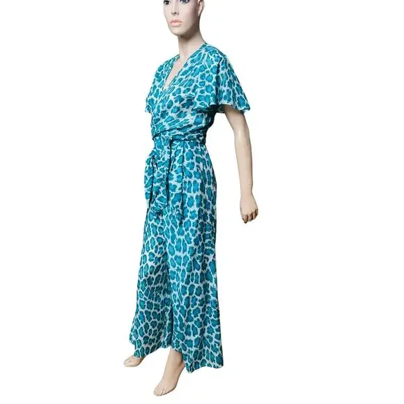 Diane von Furstenberg Green Animal Print Set of Wrap Top and Pants Size XS